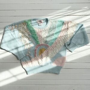 rainbow sparkly light blue abstract‎ knit 80s vtg sweater